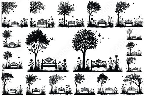 Black silhouette garden scenes with benches trees and flowers