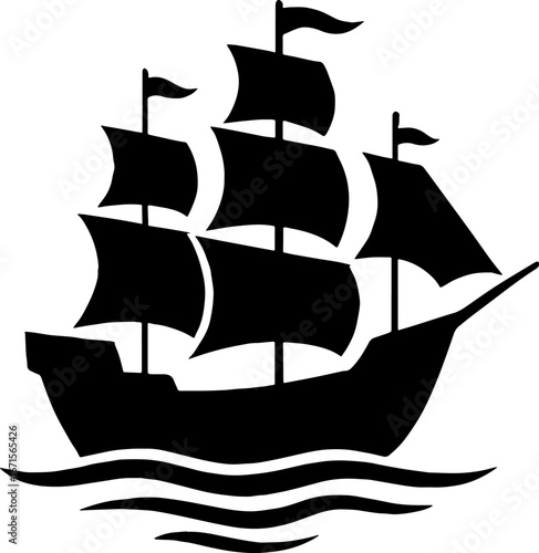 Old Wooden Sailing Ship with Three Masts - Vintage Silhouette Art With White Background 