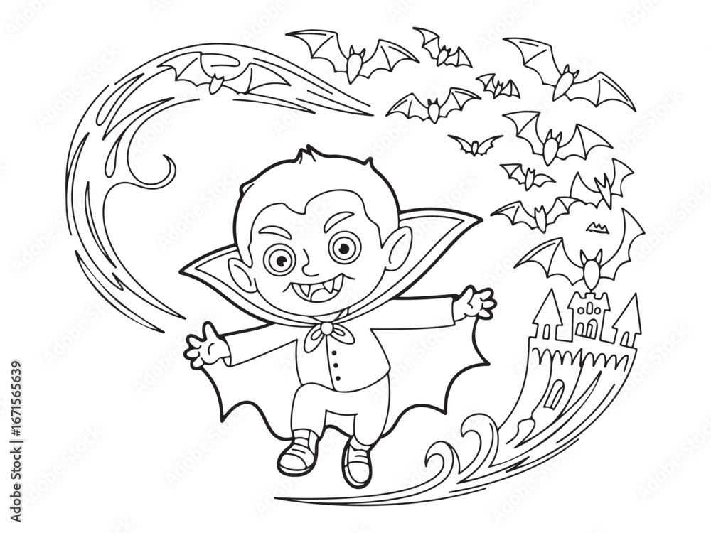 Obraz premium A cute little vampire flying with a cape near a spooky castle and bats, Halloween-themed fun for kids with a playful atmosphere.