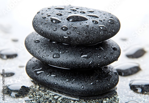 Photo of wet black spa stones stacked together, representing relaxation, balance, and spa therapy