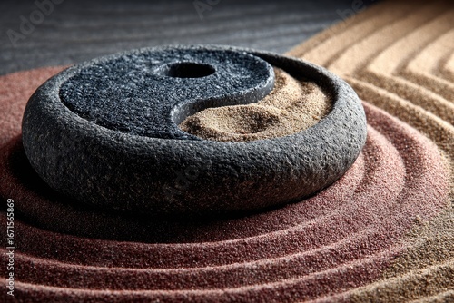 A yin yang symbol rests on concentric circles of raked sand