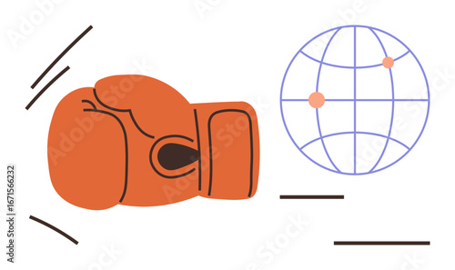 Orange boxing glove and globe with network lines and nodes symbolize competition, global challenges, strategy, and ambition. Ideal for sports, teamwork, conflict resolution, business strategy