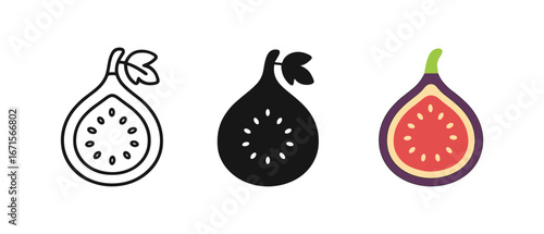 Set of fig icons: outline, solid, and colorful styles