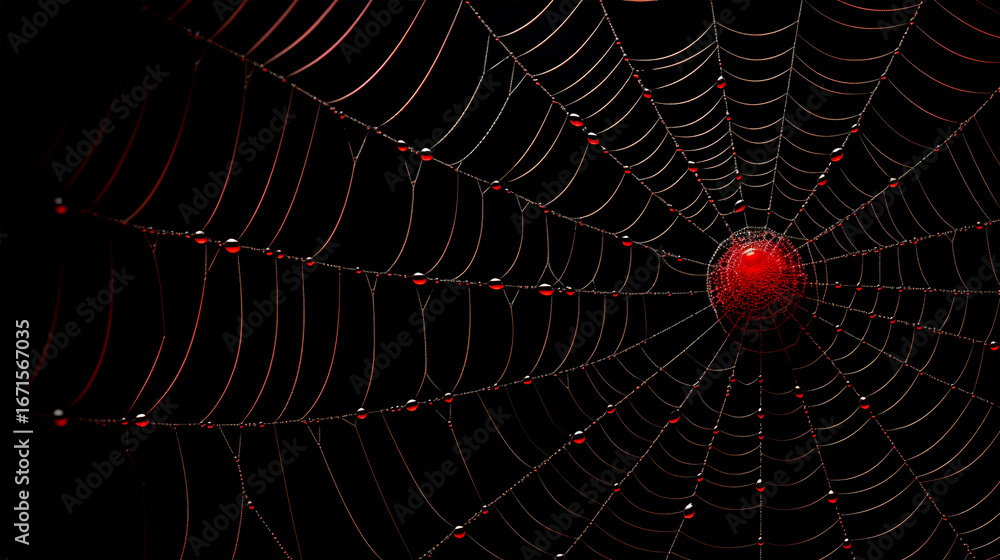 Fototapeta premium Spider Web with Dew Drops on Black Background 