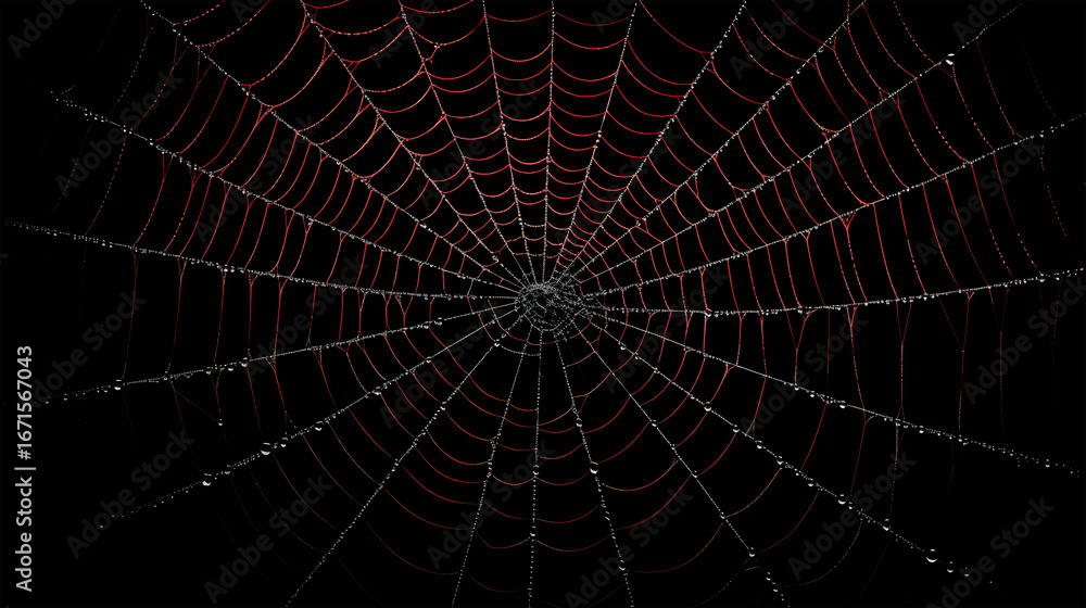 Fototapeta premium Spider Web with Dew Drops on Black Background 