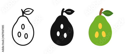 Minimalist pear icons: outline, solid, and color variations