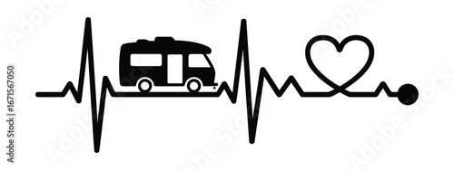 Rv campervan heartbeat ecg line with heart symbol expressing lifelong travel love