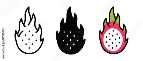 Creative dragon fruit icons with flame designs in minimalist style