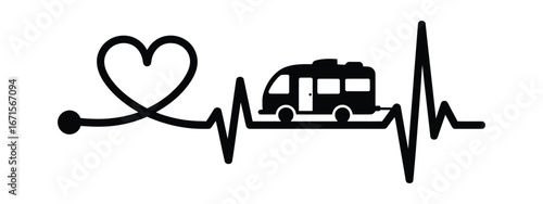 Heartbeat line with camper van and heart symbol for camping adventure and travel lifestyle
