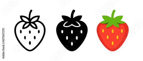 Set of strawberry icons in outline, solid, and flat color styles