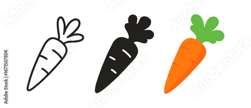 Three carrot designs: outline, silhouette, and flat color style
