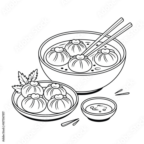 Delicious dumpling meal with chopsticks in a bowl and dipping sauce line art