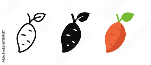 Minimalist sweet potato icons in black and white and color