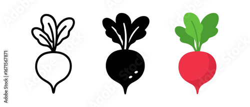 Minimalist radish designs in outline, solid, and colorful styles