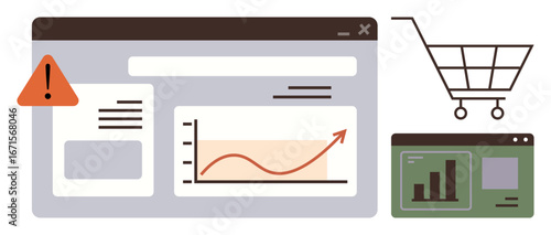 Digital dashboard with chart, data panels, shopping cart, and alert symbol. Ideal for e-commerce, data analysis, online sales, business monitoring, marketing trends risk management simple flat