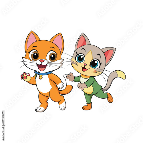 Two adorable cartoon cats playing together in a friendly companion scene