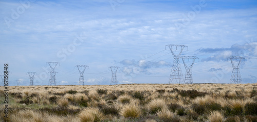 Power pylons and power lines along the Desert Road. Tongariro national park. New Zealand.