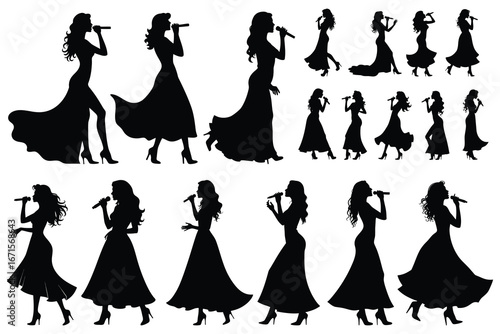 Female singers in elegant dresses holding microphones