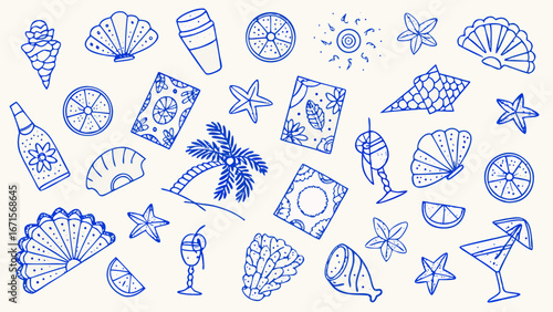 Blue line art summer vacation icons and symbols on white background