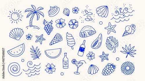 Blue line art summer icons and symbols collection