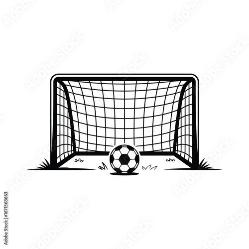Soccer goal and ball silhouette with grass blades for sports photography and design