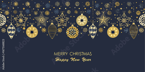 Elegant gold and blue christmas ornaments and snowflakes border with festive greeting
