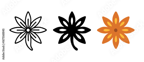 Floral designs set: outline, silhouette, and colorful icons