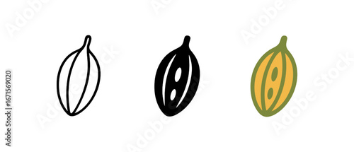 Three cocoa pod icons: outline, silhouette, and colored