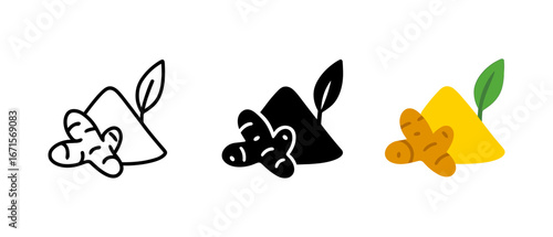 Ginger root: outline, silhouette, and color icons with leaf detail