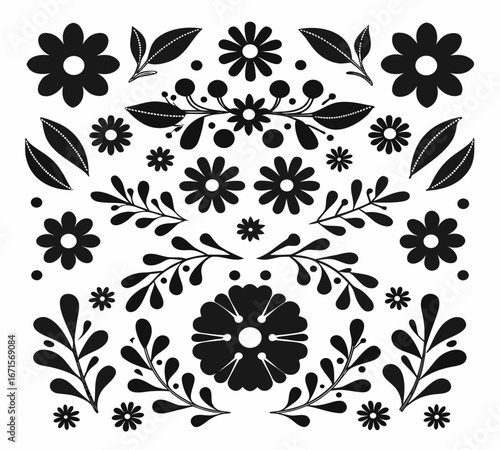 Decorative black and white floral pattern with folk art elements