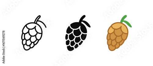 Assorted hop cone icons: line, solid, and color styles for craft beer design