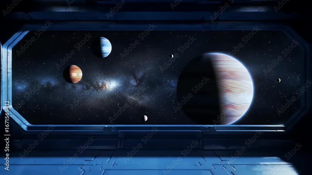 Futuristic Spaceship Interior with Panoramic View of Planets and Galaxy