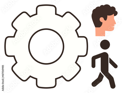 Cogwheel, human profile, and walking figure symbolize teamwork, progress, innovation, strategy, leadership, personal growth. Ideal for business processes operations planning management career