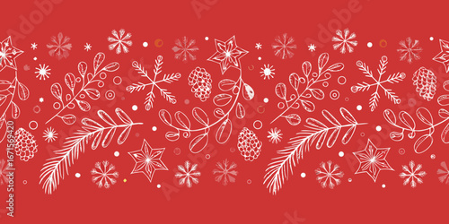 Seamless christmas border with snowflakes pine cones and stars on red background