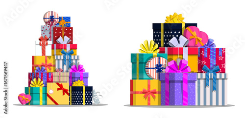 Stack of colorful gift boxes with ribbons and bows. Holiday present concept for celebration, birthday, Christmas, New Year, surprise, sale.
