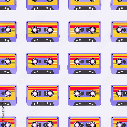Retro cassette tape pattern with purple and yellow colors