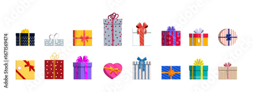 Collection of colorful gift boxes with ribbons and bows. Holiday present concept for celebration, birthday, Christmas, or anniversary.