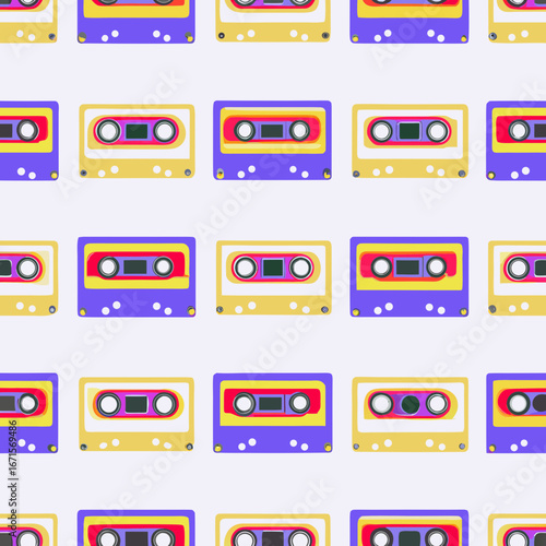 Retro cassette tape pattern with purple and yellow colors