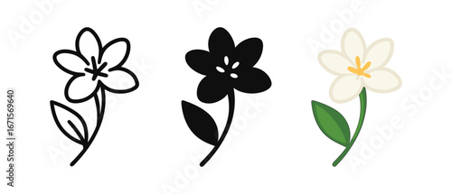 Stylized trio of floral designs in outline, solid, and color styles