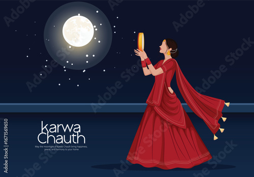Karwa Chauth celebration, holding a sieve under a shining full moon against a dark night sky, dressed in a red saree.