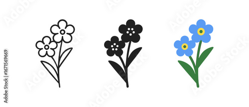 Three floral designs: outline, solid, and colorful blooms on white background