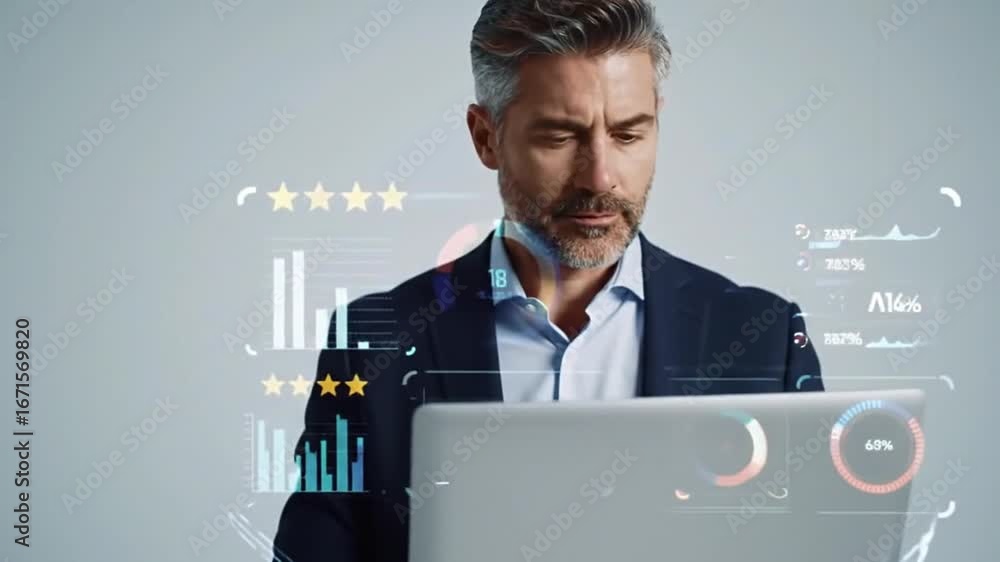 Businessman using AI analytics tools and KPI report dashboards for data driven decision making, tracking growth performance, business reporting, data visualization and team productivity tracking
