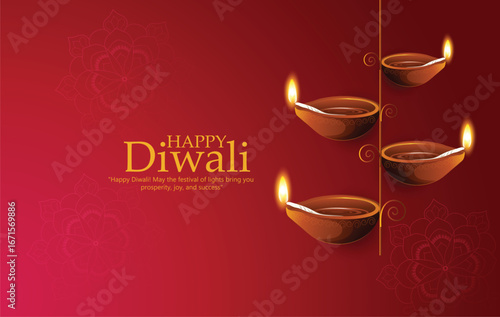 Diwali card featuring traditional oil lamps with glowing flames and decorative elements on a warm festive background.