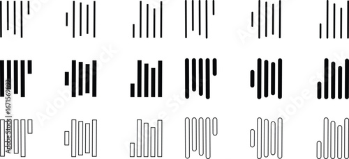 Align line icon set with vertical alignment, bar and equalizer style symbols. Collection of solid and outline vector icons for UI, UX, apps, charts, graphs, typography, design and document layout