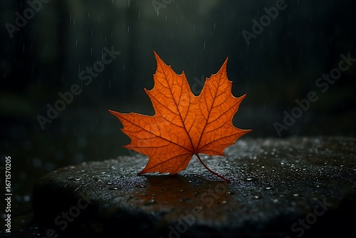 Vibrant Orange Maple Leaf on Wet Stone in Gentle Autumn Rain