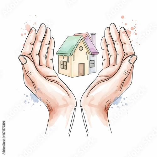 Watercolor Hands Protecting House