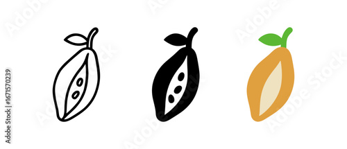 Cocoa pod icons in outline, silhouette, and color styles for design projects