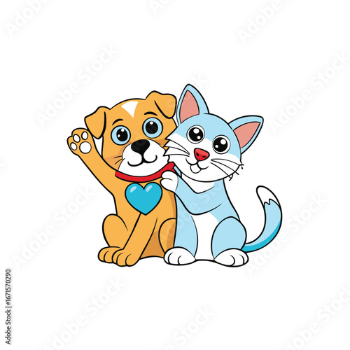 Adorable cat and dog embracing with a peace symbol celebrating pet love and friendship
