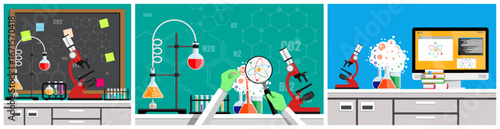 Chemical lab with various scientific equipment. Scientist performing experiment with microscope and test tubes. Chemistry class concept.