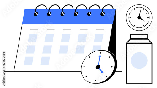 Spiral-bound calendar, analog clocks, and milk carton emphasizing scheduling, productivity, and daily routines. Ideal for planning, organization, reminders, punctuality meal prep time management